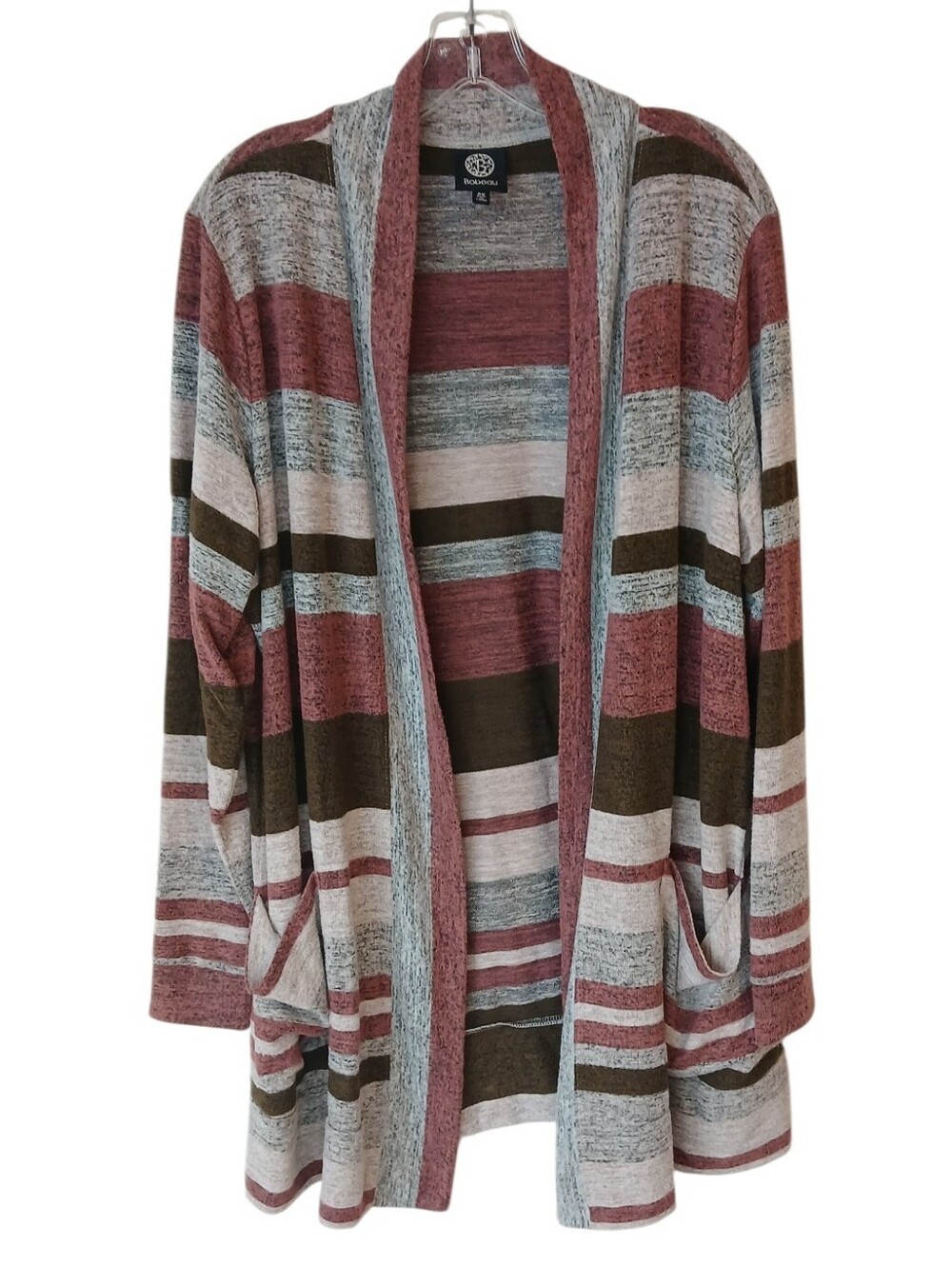 Bobeau Open-Front Striped Cardigan With Pockets Size 2X